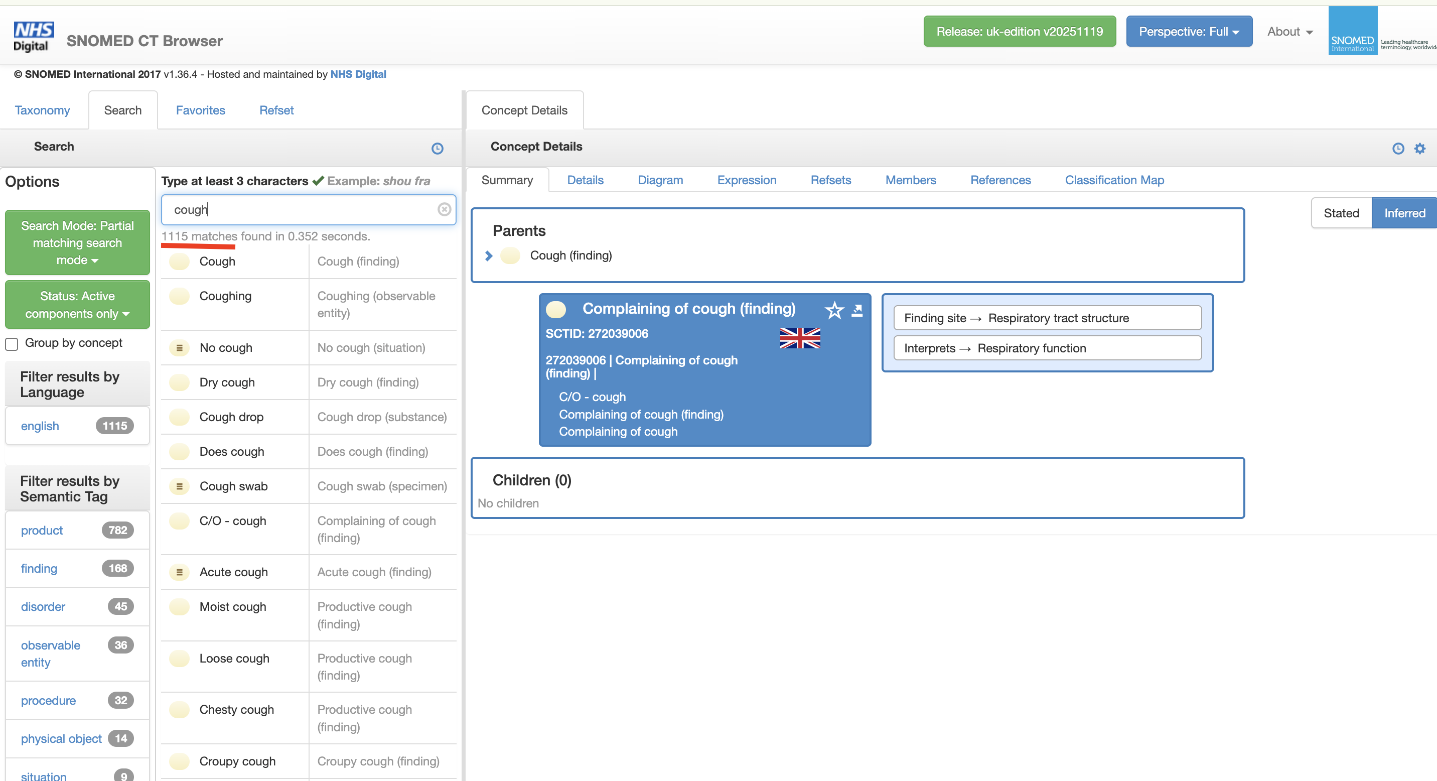 SNOMED browser search results for &ldquo;cough&rdquo;