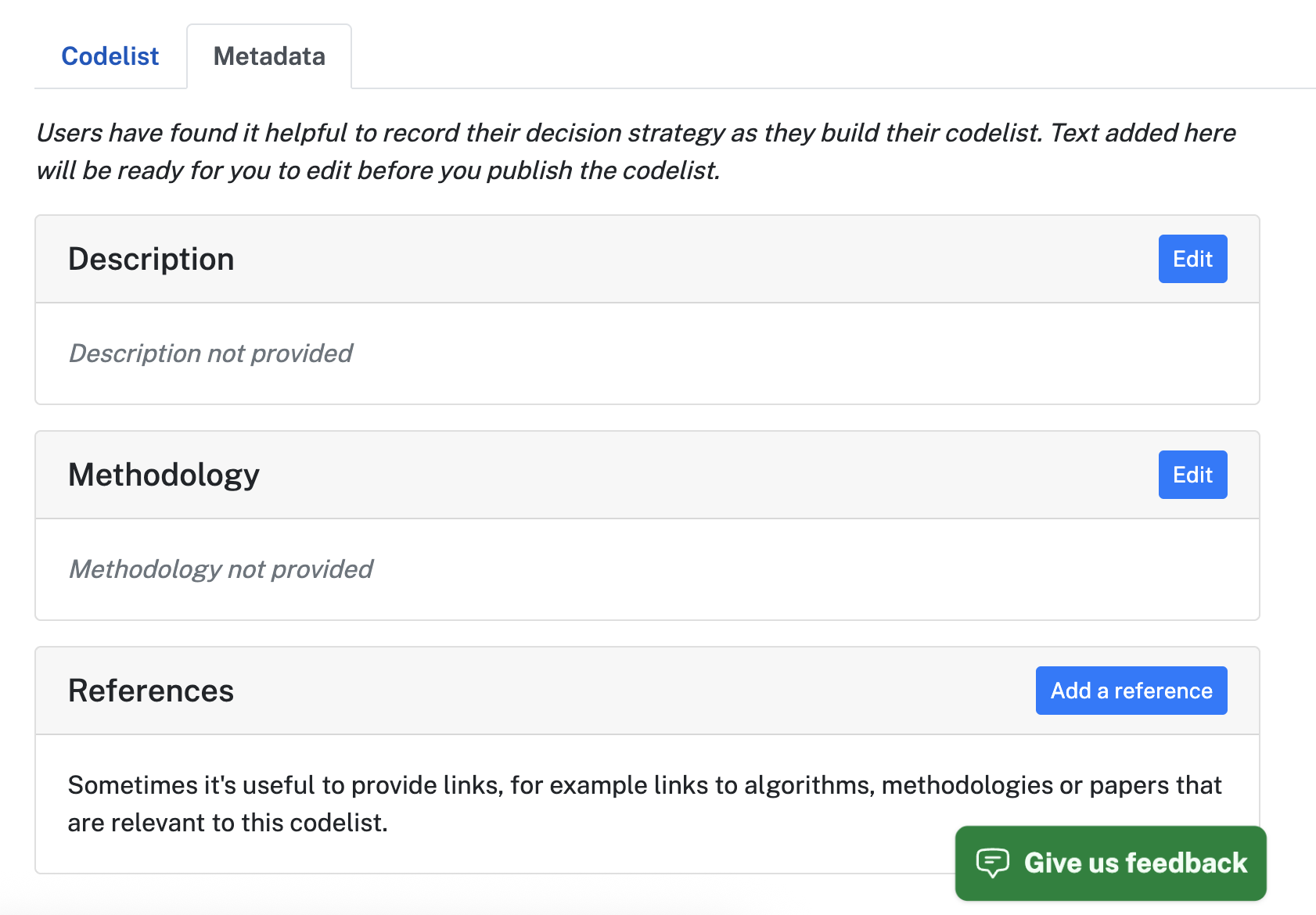 OpenCodelists metadata entry screen